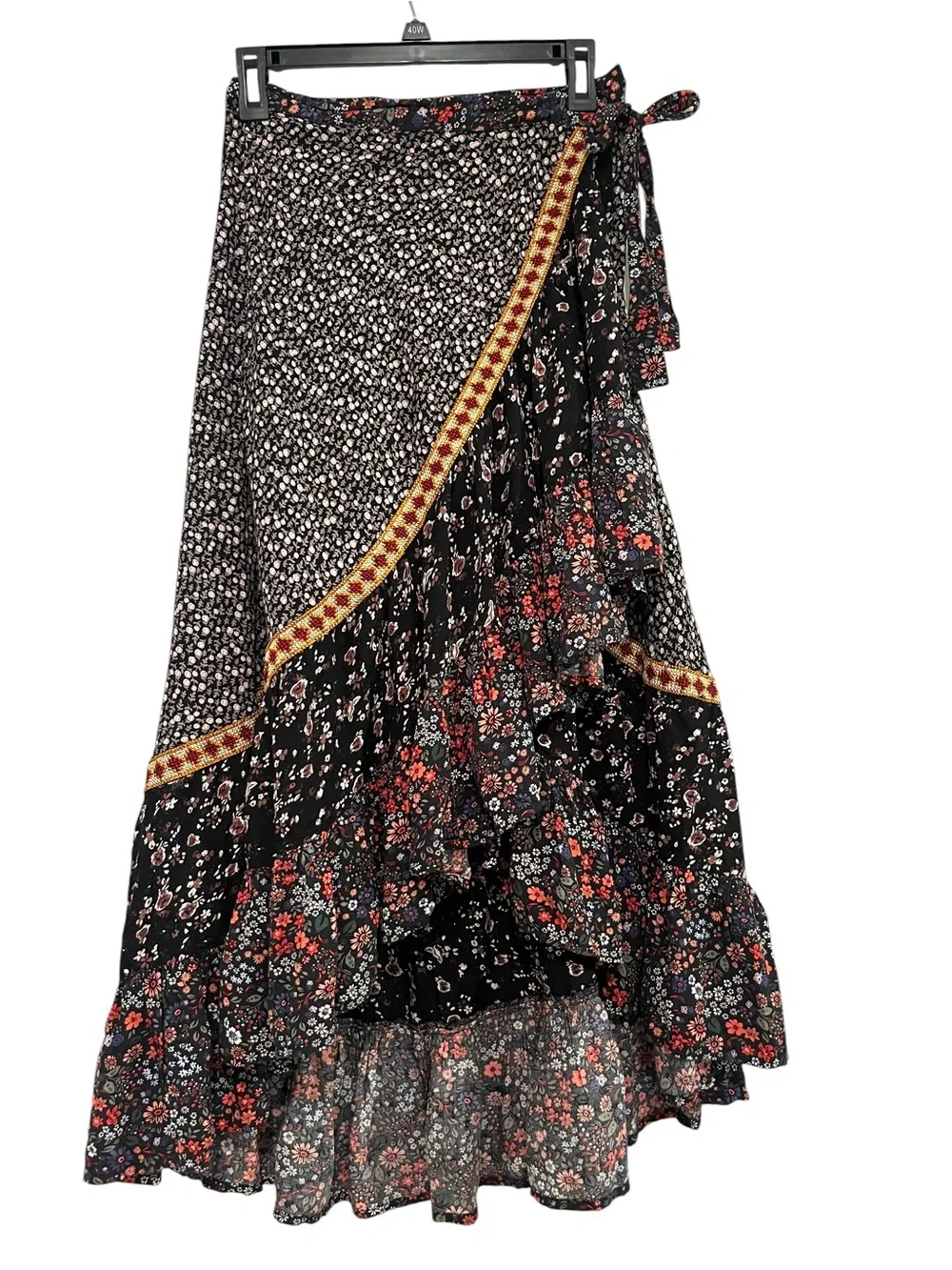 Free People Esmeralda Printed Skirt Floral Wrap Maxi Skirt with Gold Trim Sz 4